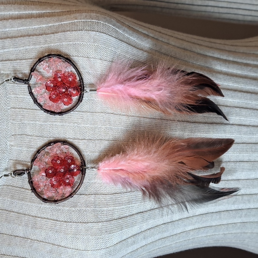 Handcrafted Pink Feathered and Beaded Pierced Hook Earrings